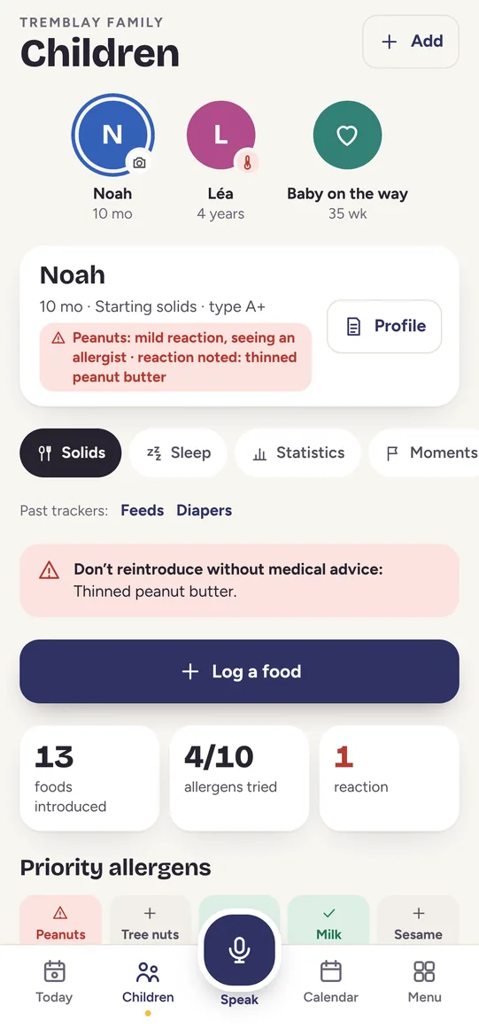 Children screen: Noah, 10 months, Léa, 4 years, and a baby due at 35 weeks, each at their own stage, then Noah’s Solids section with his priority allergens.