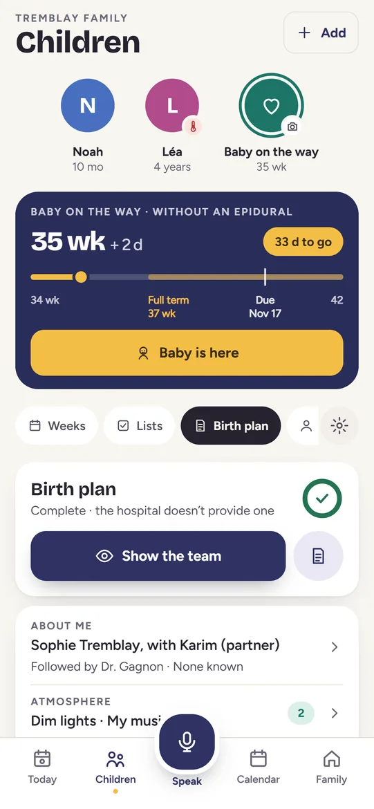 Pantalla Hijos: el bebé en camino a las 35 semanas y 2 días, con fecha probable el 17 de noviembre, y luego el plan de parto completo con el botón Mostrar al equipo.