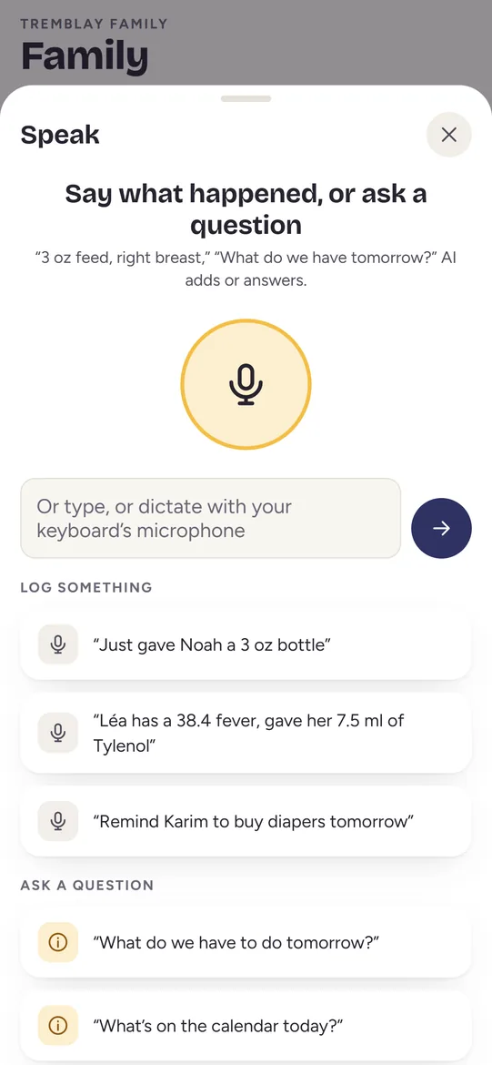 Hoja Hablar (en inglés): «Di lo que pasó o haz una pregunta», el botón grande del micrófono, un campo para escribir y ejemplos de cosas que anotar y preguntar.