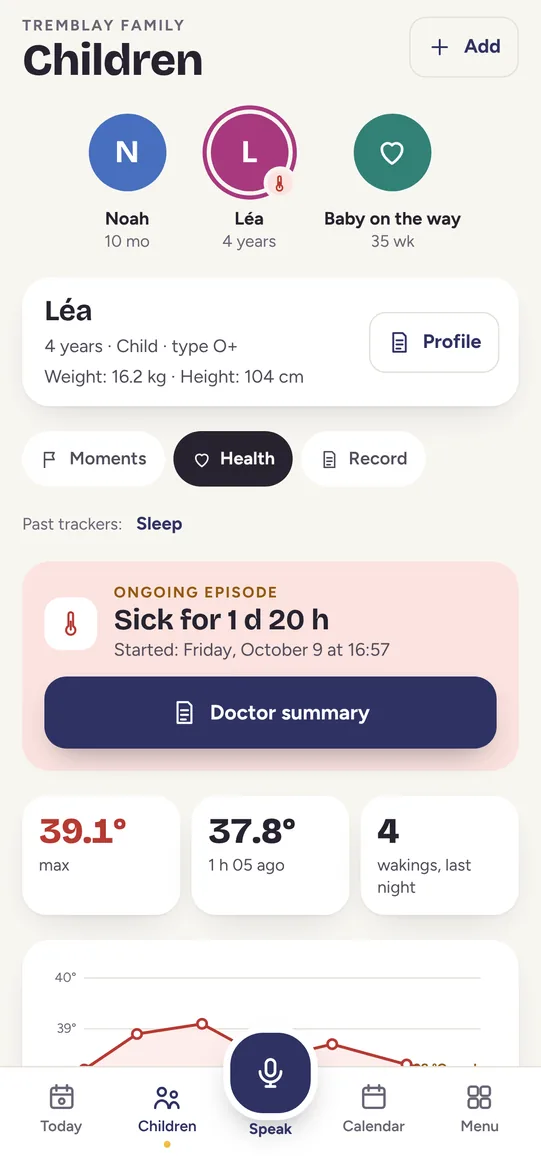 Léa’s Health section: an ongoing episode, the Doctor summary button, the 39.1 degree peak and the curve with the 38 degree mark.