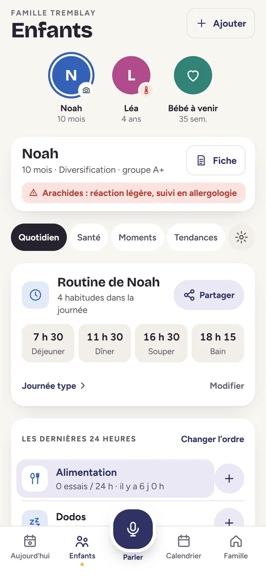 Écran Enfants : Noah, 10 mois, Léa, 4 ans, et un bébé à venir à 35 semaines, chacun à son étape, puis la section Alimentation de Noah avec ses allergènes prioritaires.