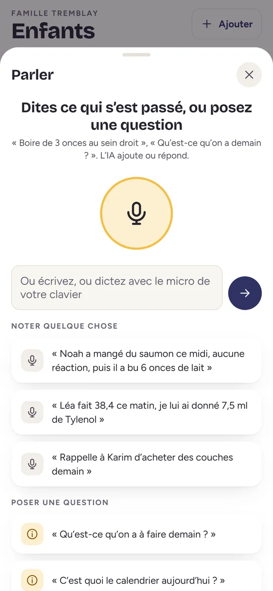 Feuille Parler : « Dites ce qui s’est passé, ou posez une question », le grand bouton du micro, un champ pour écrire, et des exemples à noter et à demander.