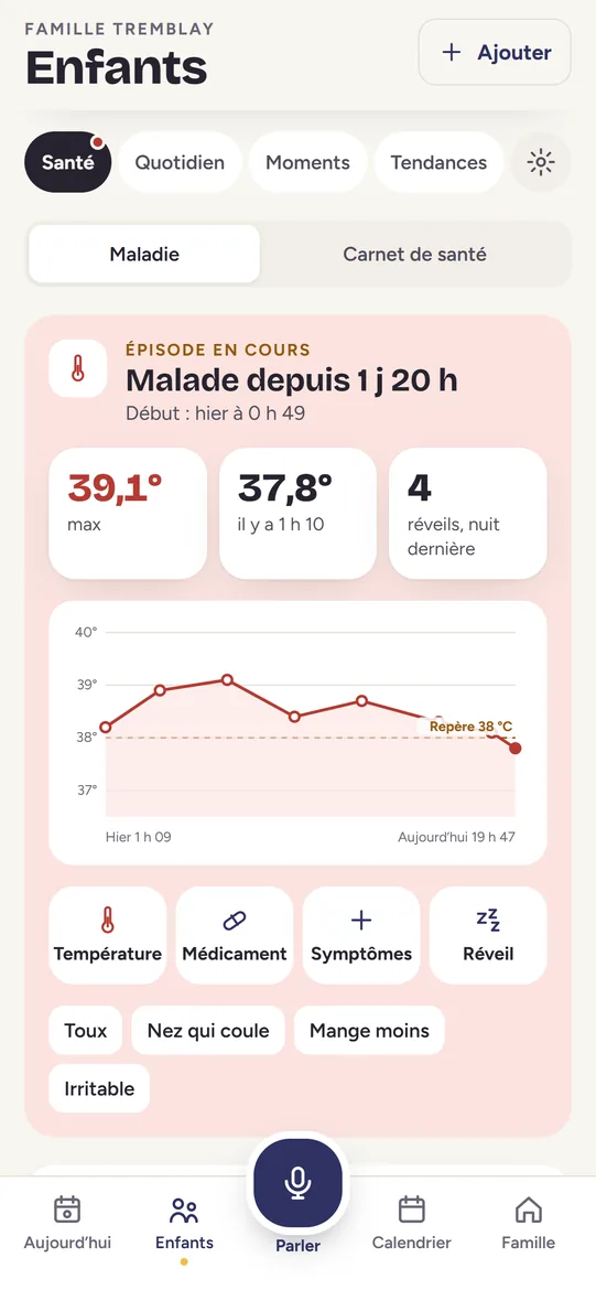 Section Santé de Léa : un épisode en cours, le bouton Résumé pour le médecin, la température maximale de 39,1 degrés et la courbe avec le repère de 38 degrés.